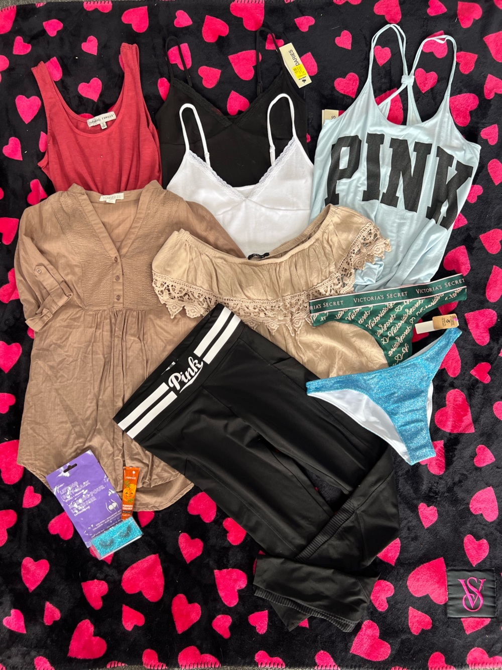 Victoria's Secret PINK Black & Aqua Logo Leggings with Mixed Tops